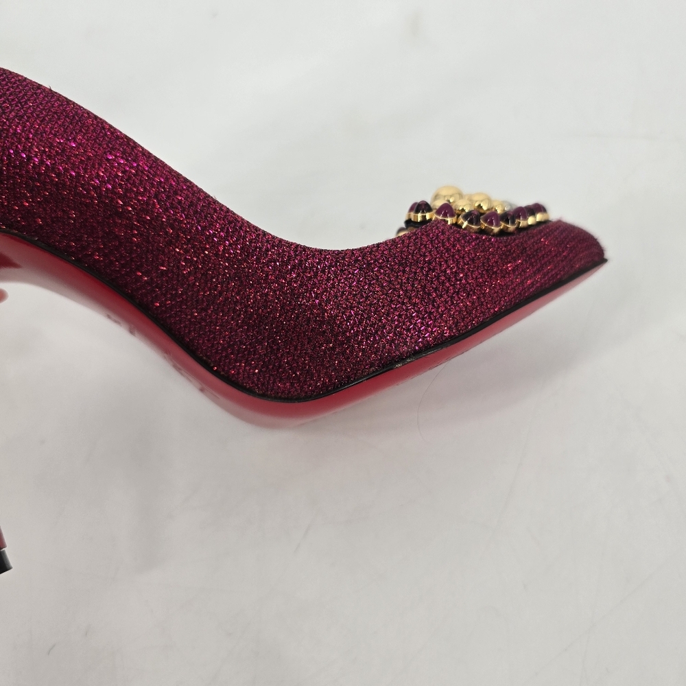 Christian Louboutin Coralta Mia 100 Pink Glitter Point Toe Pumps Size 35 Heart - Picture 11 of 13